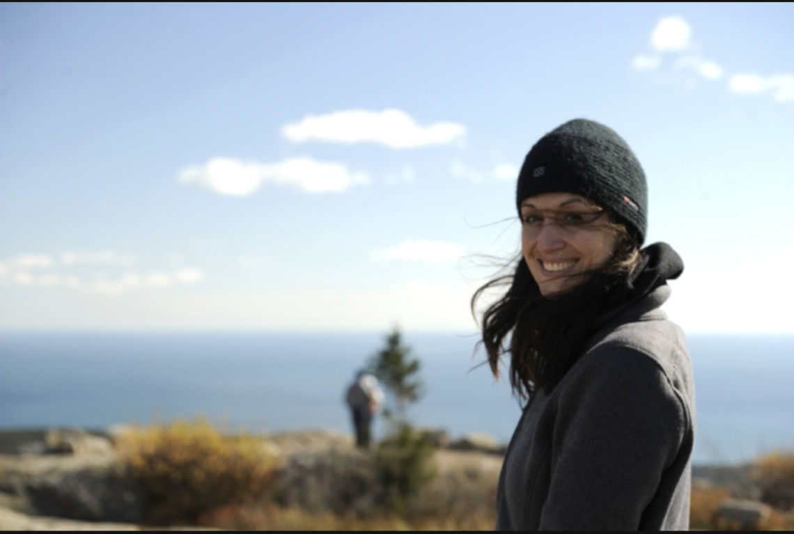 Maria on the top of Cadillac Mountain, Acadia National Park,